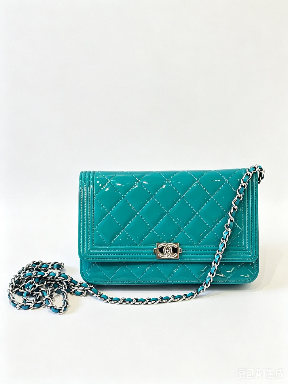 Chanel Turquoise Quilted Patent Leather   Wallet on Chain